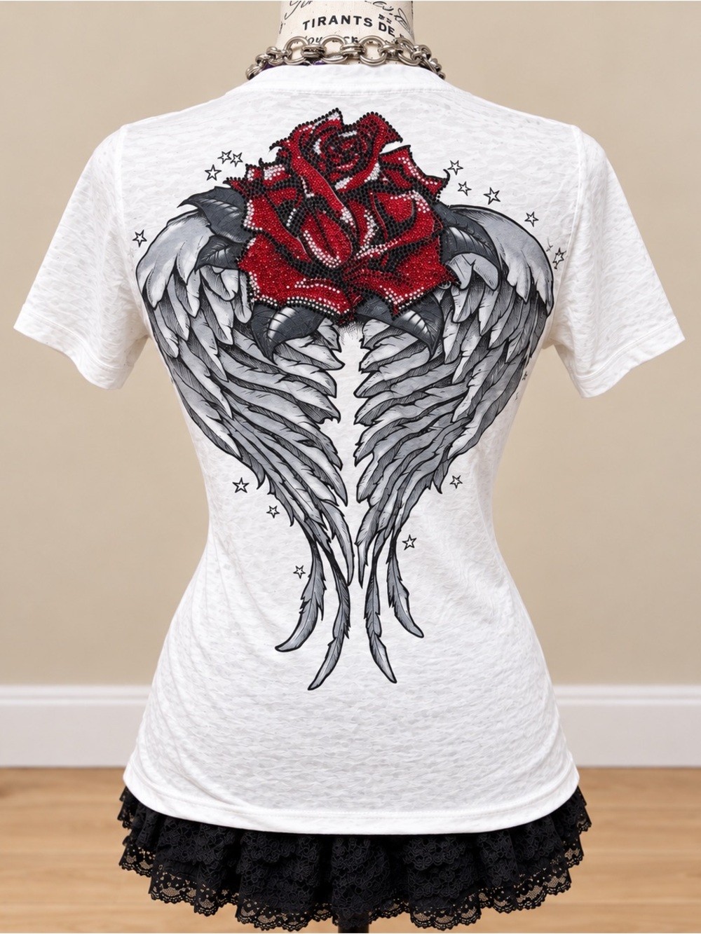 Sinful White Tee with Red Rose & Gray Angel Wings